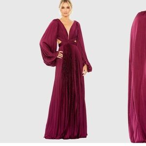 Mac Duggal long sleeve pleated cut out gown